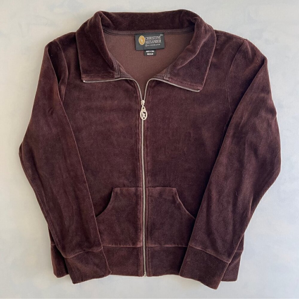 Christine Alexander Brown Full Zip Up Velour Track Jacket Women's M